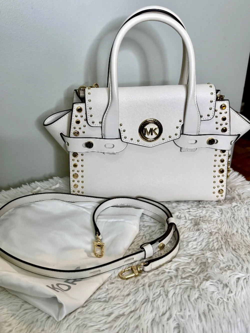 Michael Kors White Leather Studded Satchel Bag w/ Strap & Dust Bag